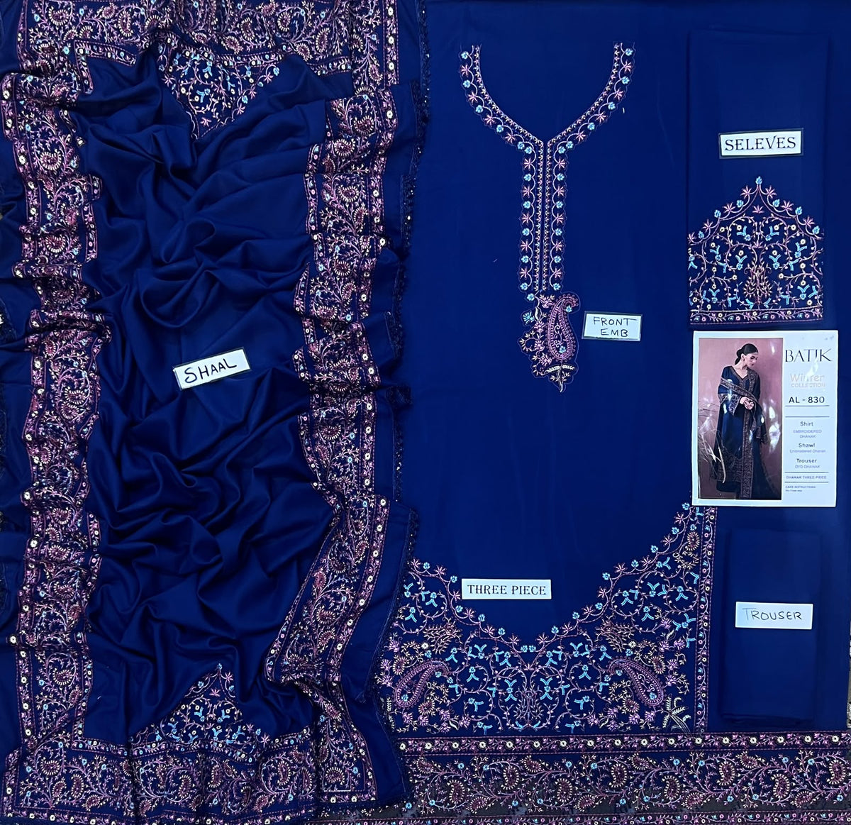 3-Piece Batik Inspired Premium Embroidered Dhanak Suit AL-830W