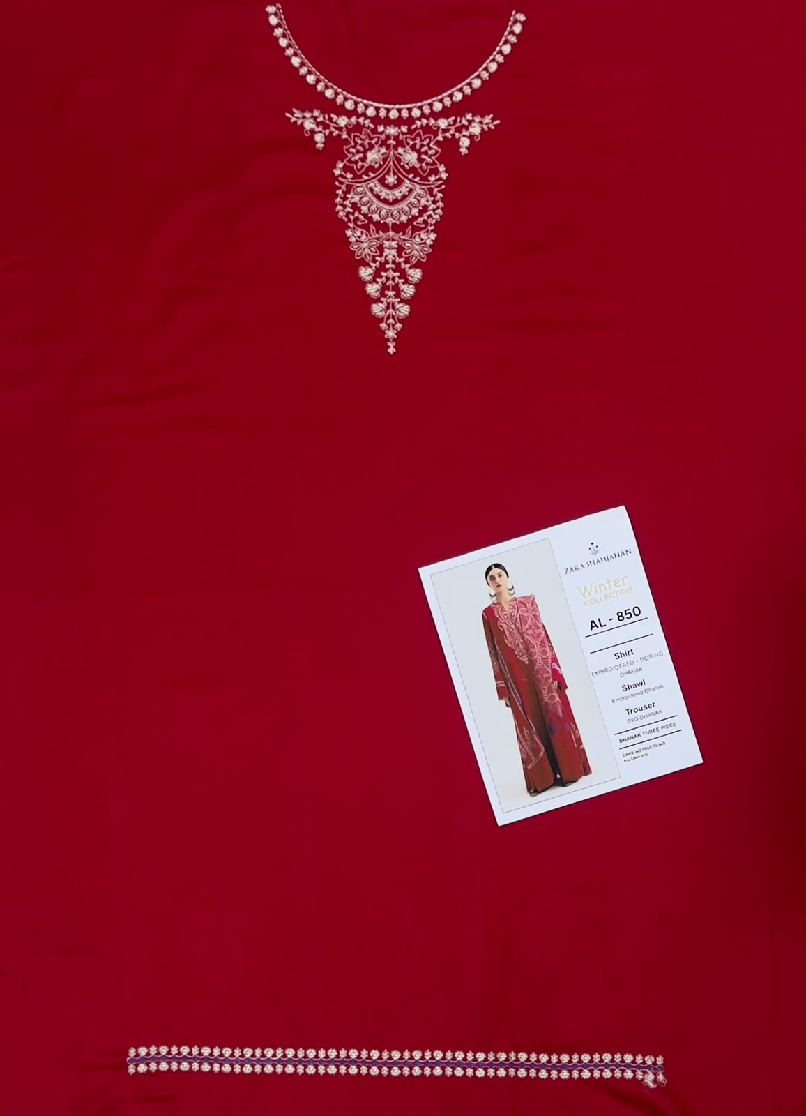 3-Piece Zara Shahjahan Premium Embroidered Dhanak Suit AL-850a