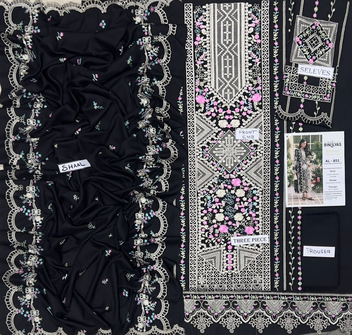 3-Piece Binilyas Premium Embroidered Dhanak Suit AL-851BK
