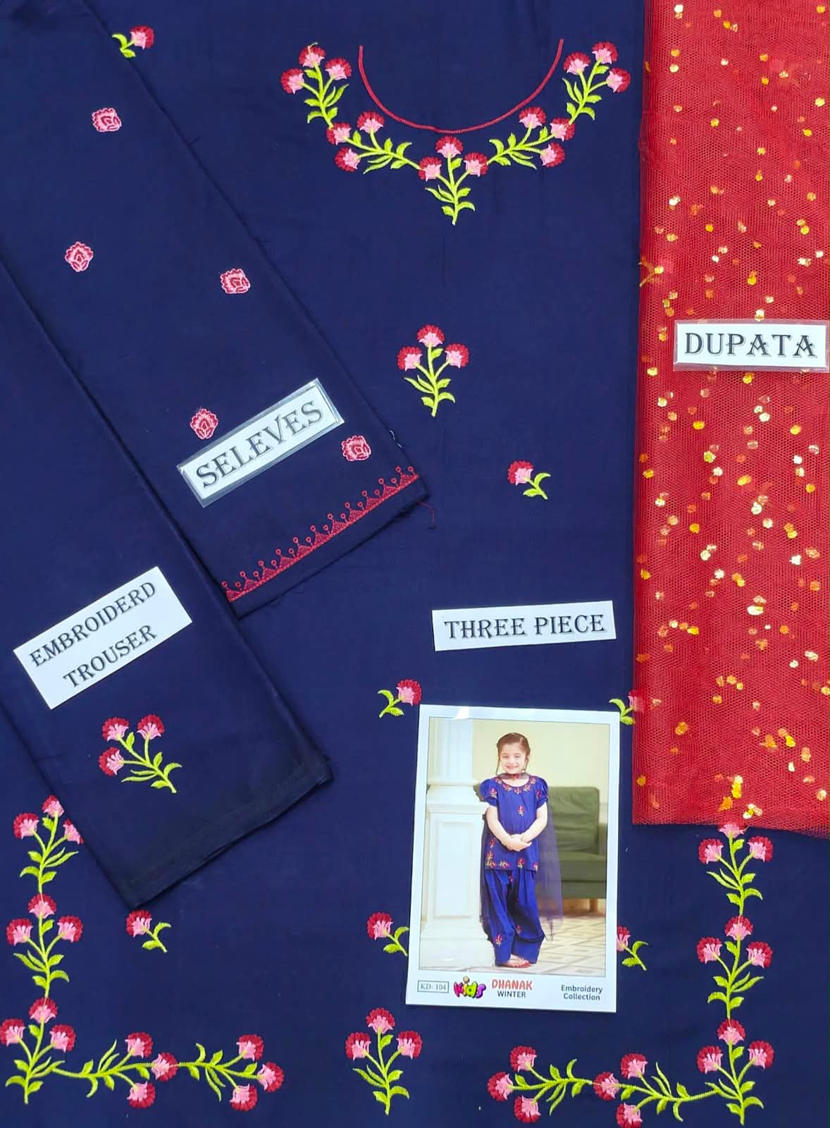 Kids 3PC Embroidered Winter Dress With Net Dupatta - Unstitched - KD-104