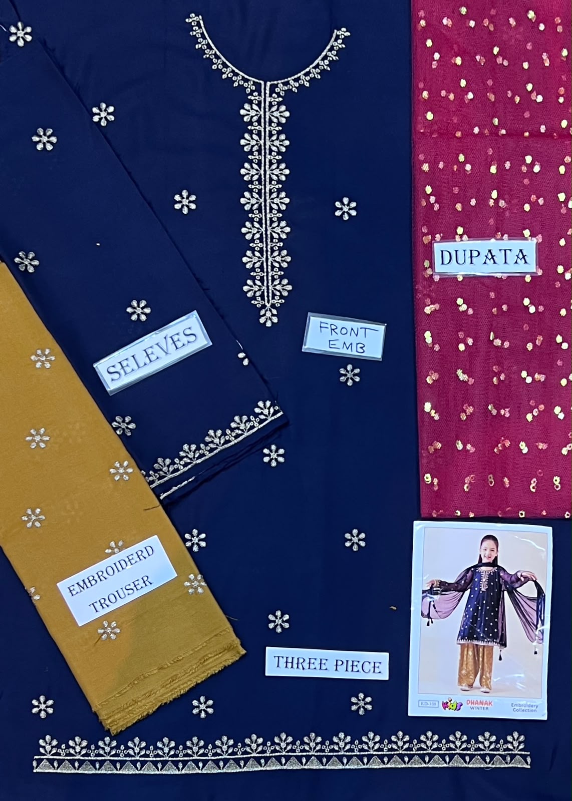 Kids 3PC Embroidered Winter Dress With Net Dupatta - Unstitched - KD-108