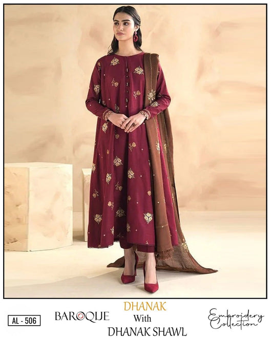 3-Piece Baroque Inspired Premium Embroidered Dhanak Suit AL-506