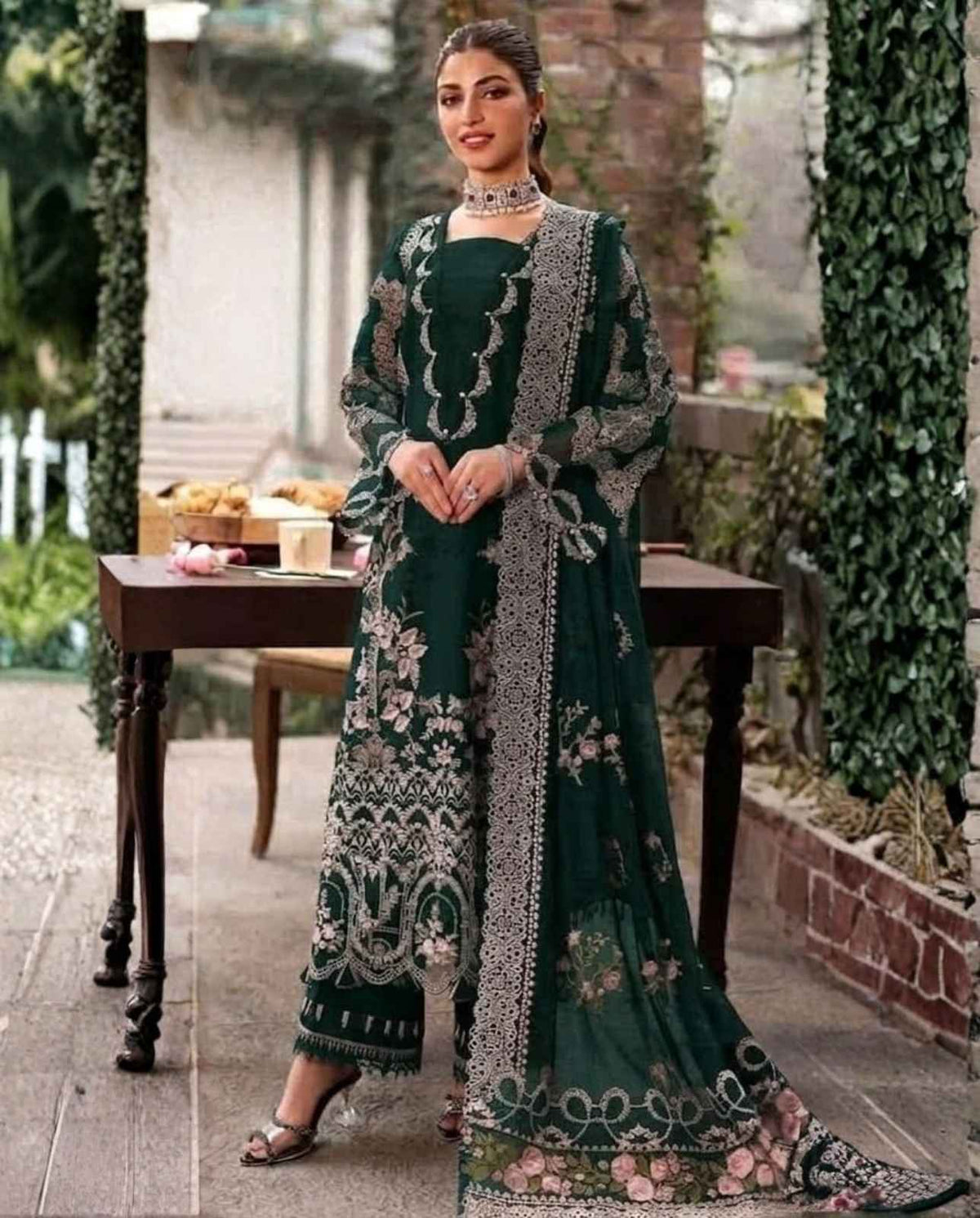 3-Piece Premium Embroidered Dhanak Suit AL-811GR