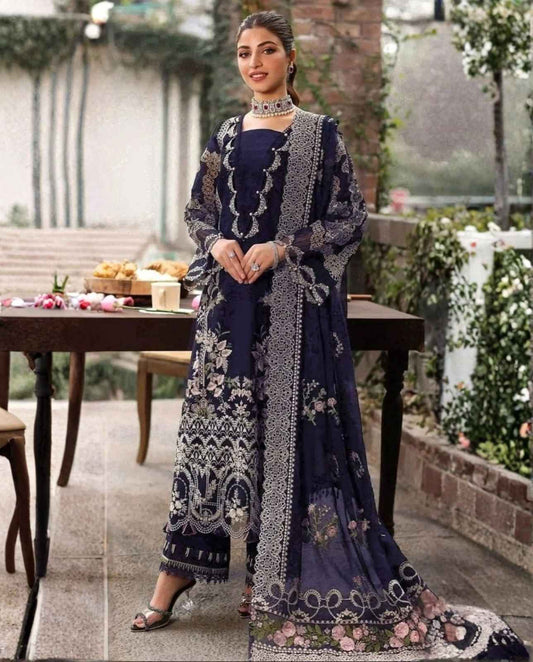 3-Piece Premium Embroidered Dhanak Suit AL-811NV