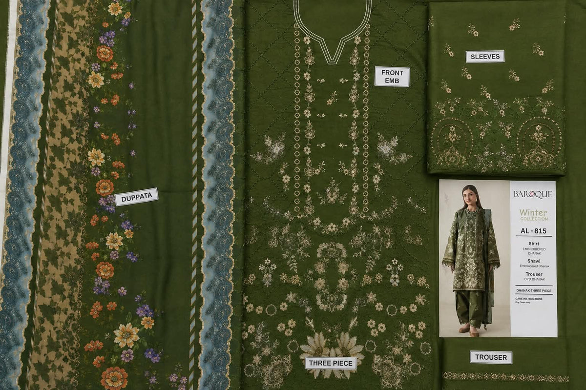 3-Piece Barouqe Inspired Premium Embroidered Dhanak Suit AL-815