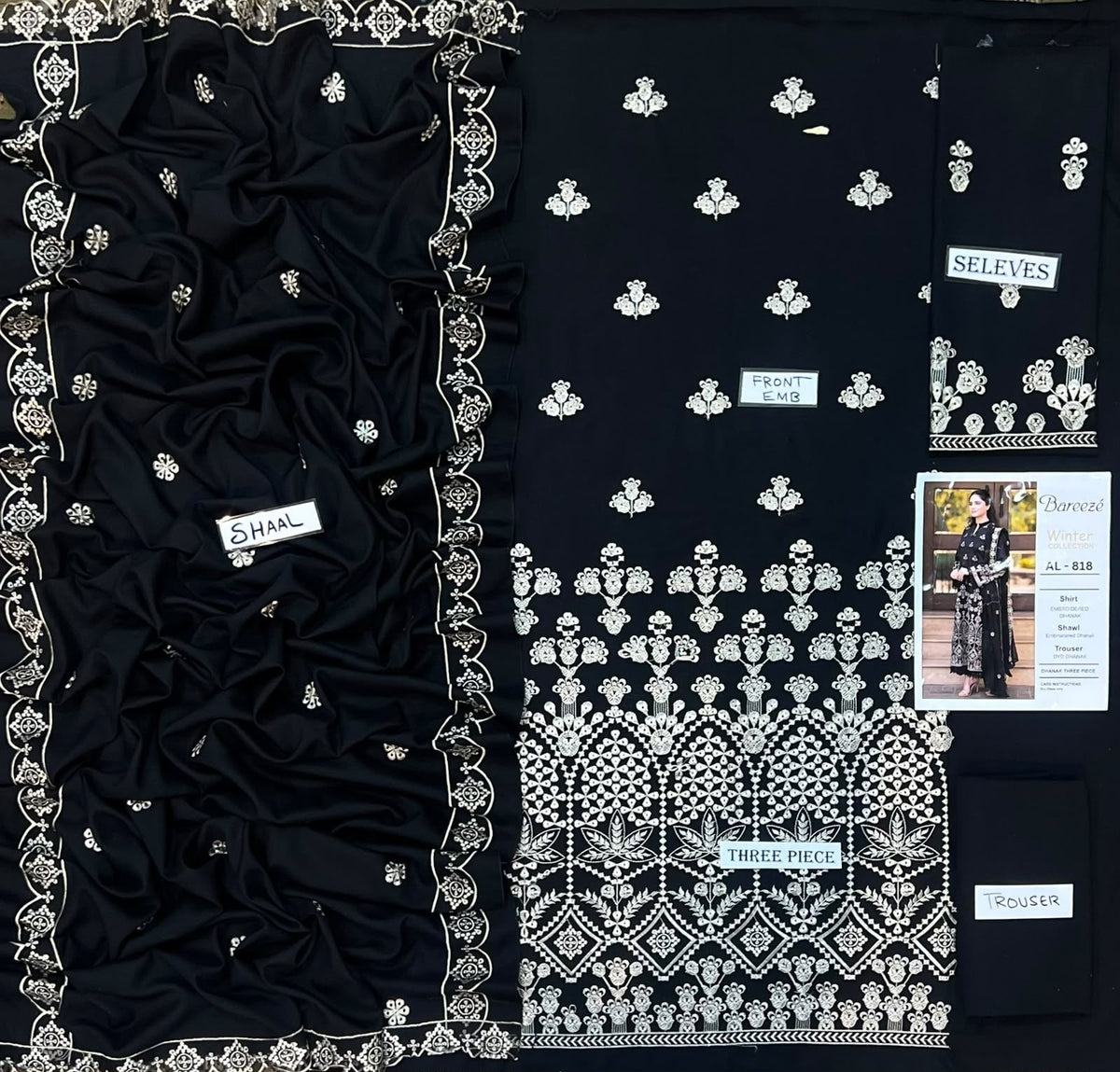 3-Piece Bareeze Inspired Premium Embroidered Dhanak Suit AL-818