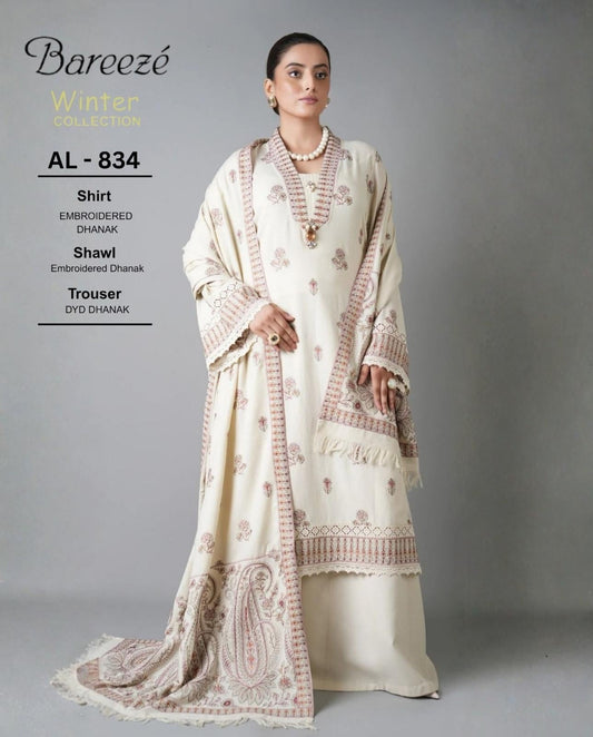 3-Piece Bareeze Inspired Premium Embroidered Dhanak Suit AL-834
