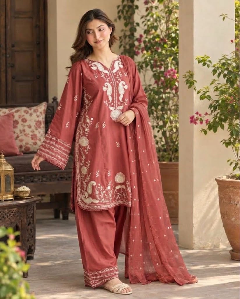 3-Piece Premium Embroidered Dhanak Suit AL-841