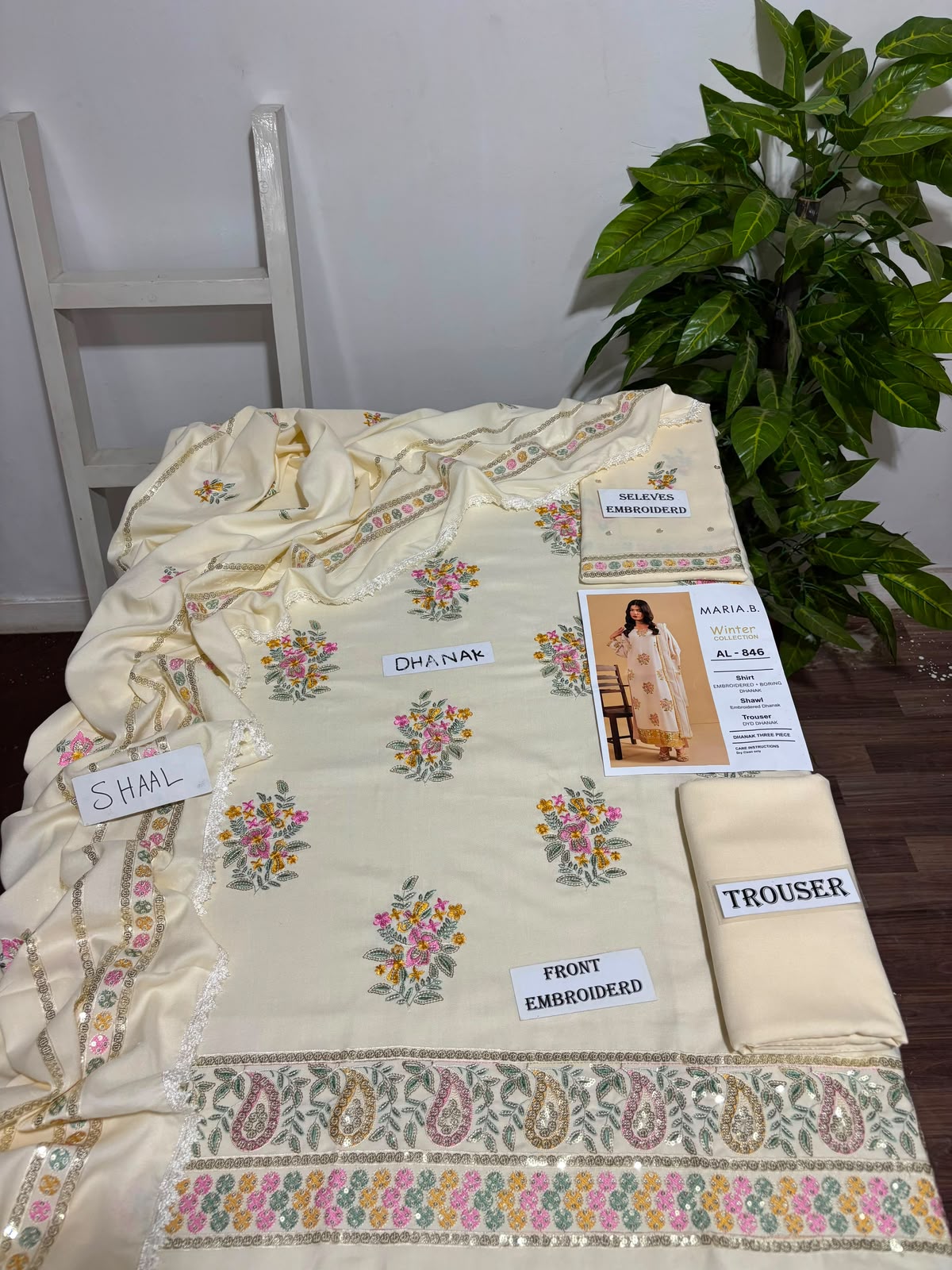 3-Piece Embroidered Dhanak Suit With Sequins Winter Fabrics