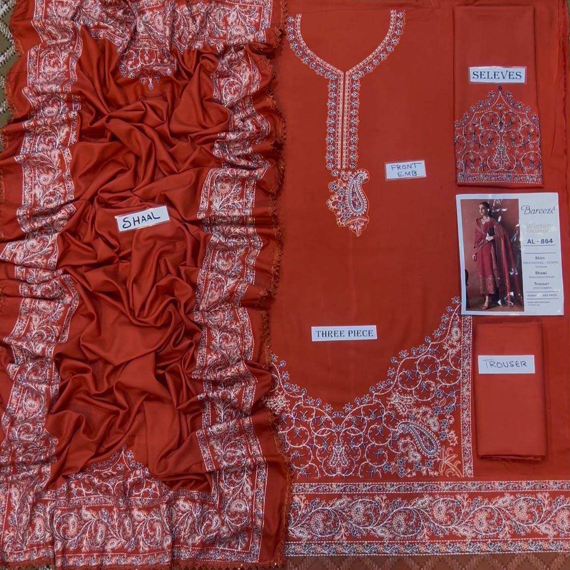 3-Piece Batik Inspired Premium Embroidered Dhanak Suit AL-848