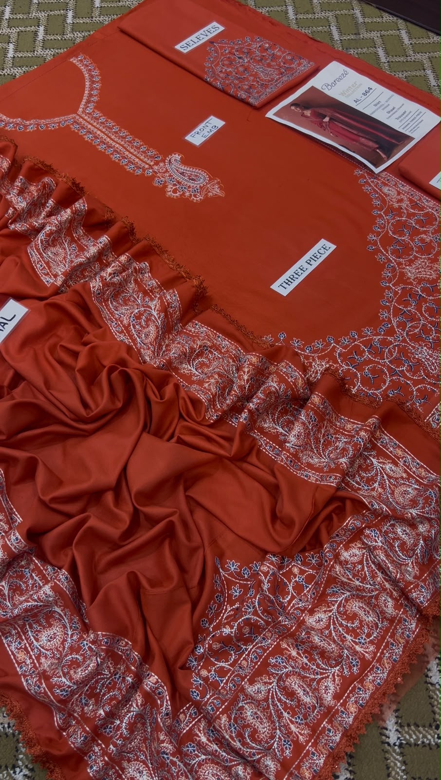3-Piece Batik Inspired Premium Embroidered Dhanak Suit AL-848