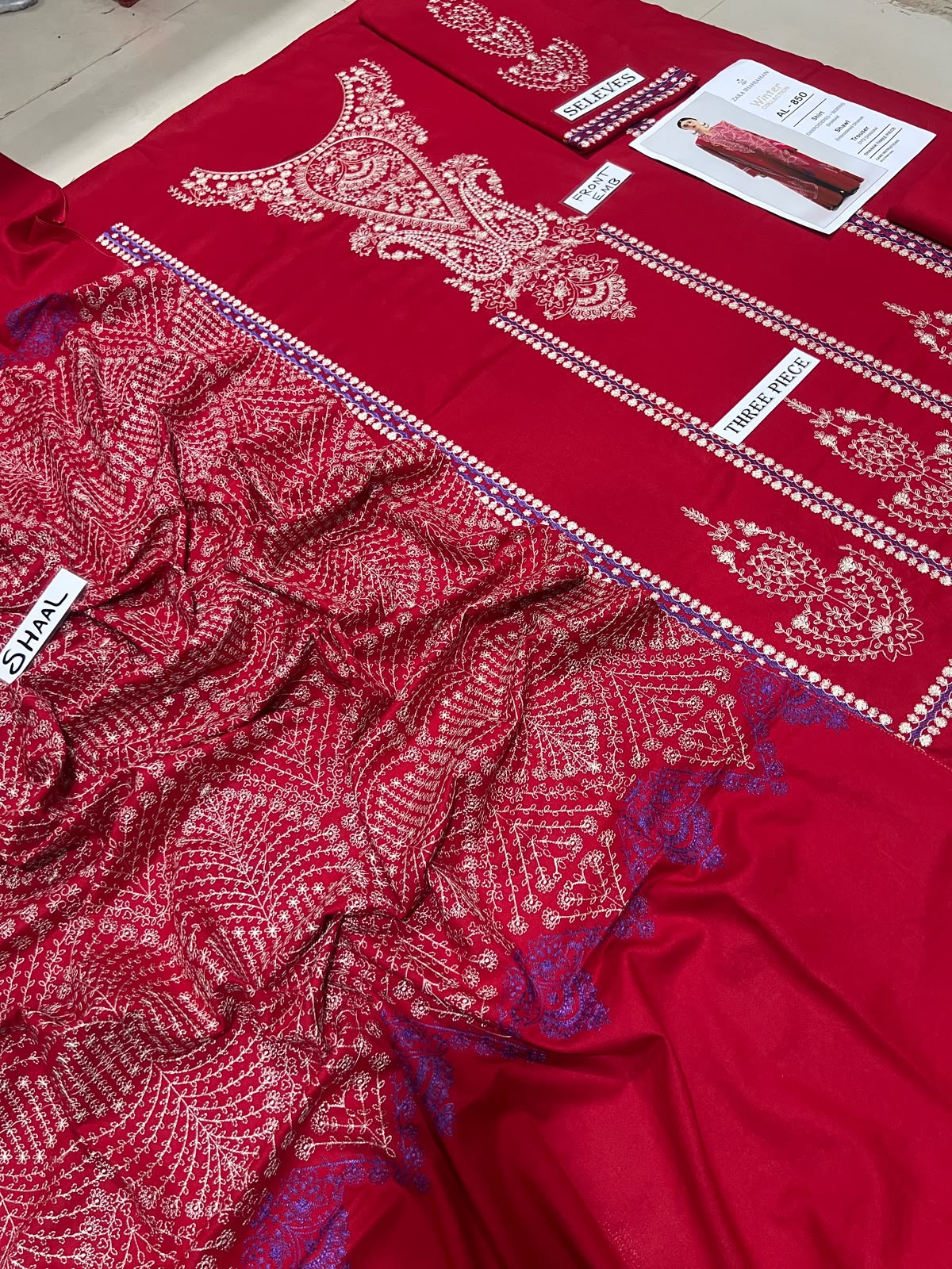 3-Piece Zara Shahjahan Premium Embroidered Dhanak Suit AL-850a