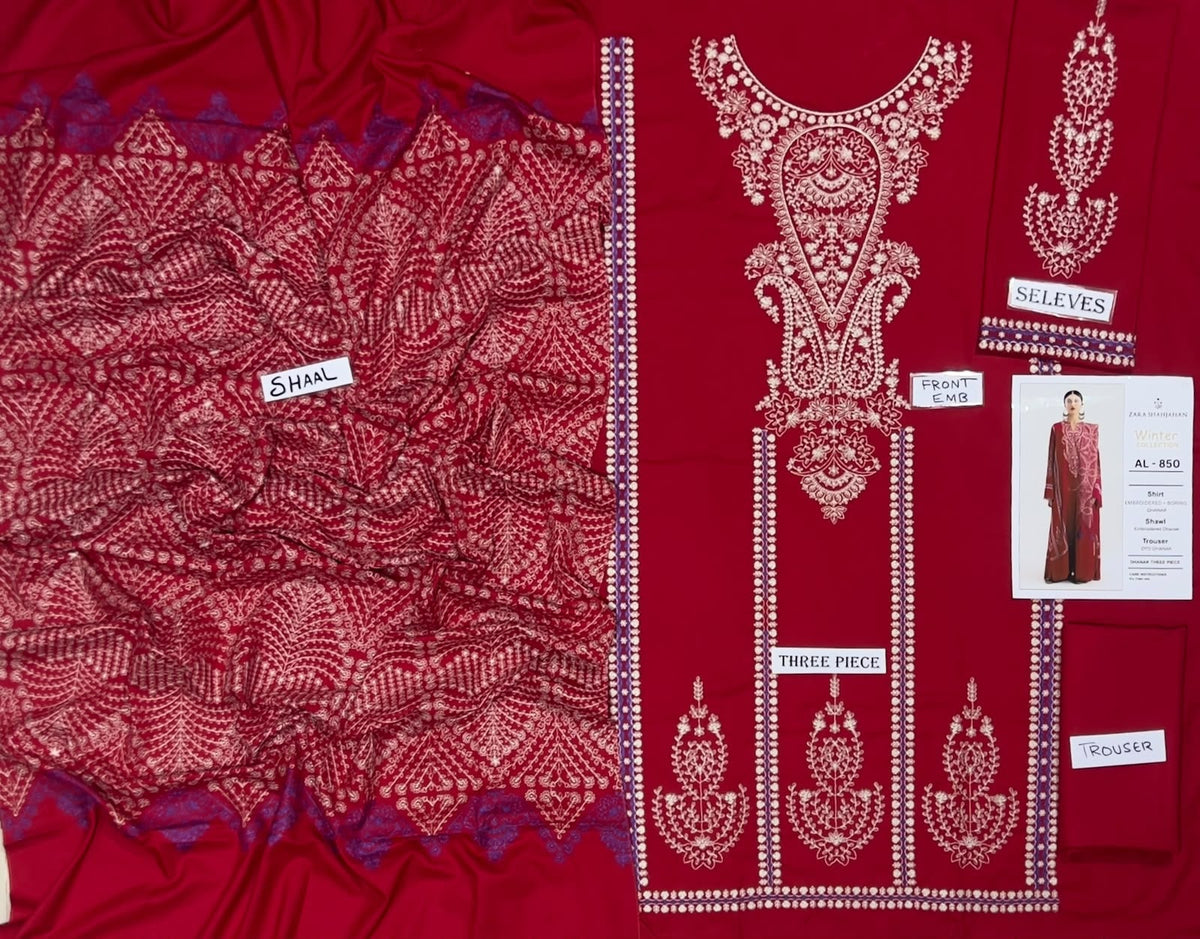 3-Piece Zara Shahjahan Premium Embroidered Dhanak Suit AL-850a