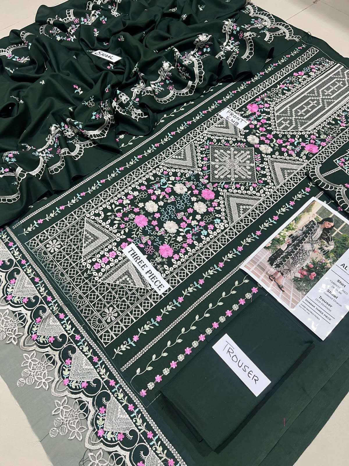 3-Piece Binilyas Premium Embroidered Dhanak Suit AL-851GR