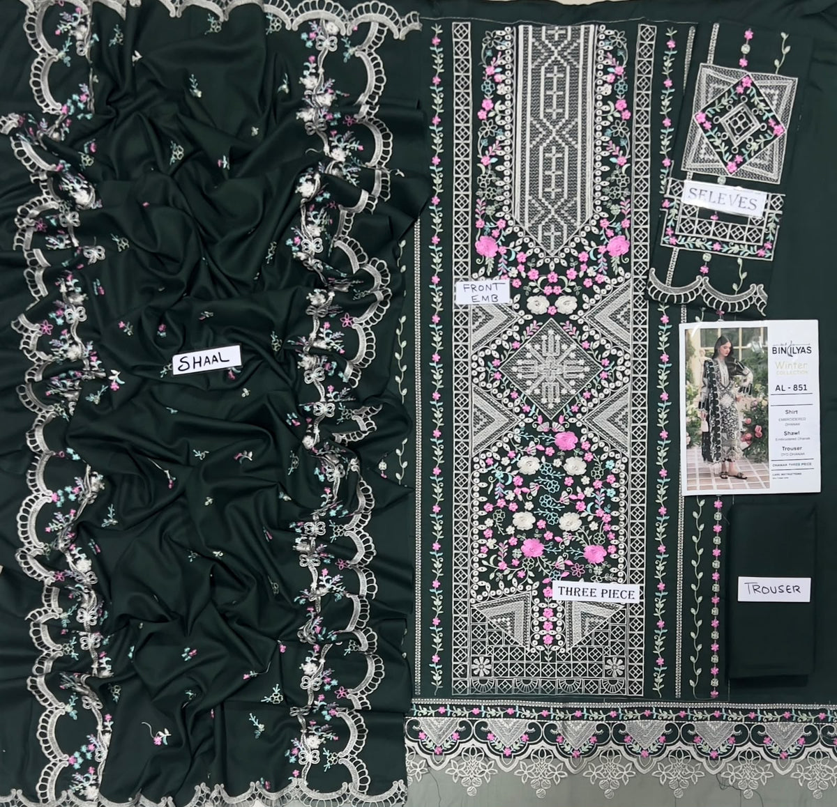 3-Piece Binilyas Premium Embroidered Dhanak Suit AL-851GR