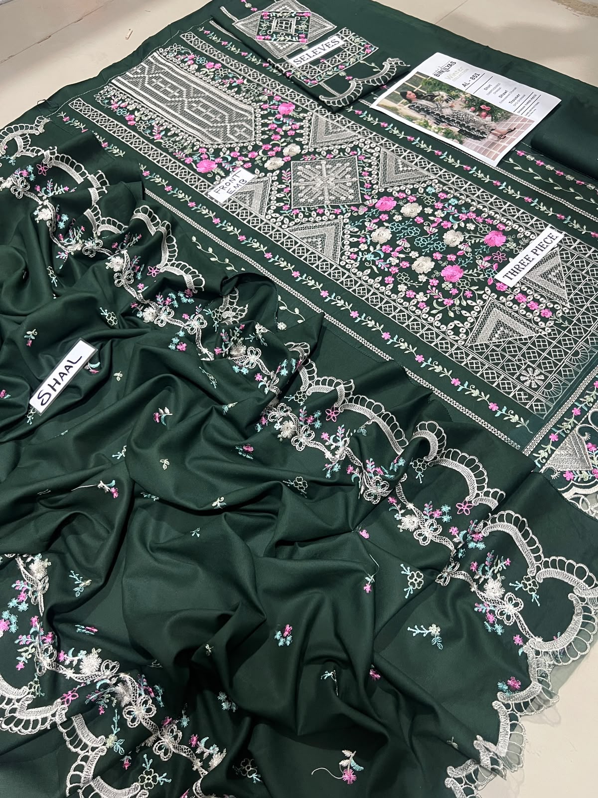 3-Piece Binilyas Premium Embroidered Dhanak Suit AL-851GR