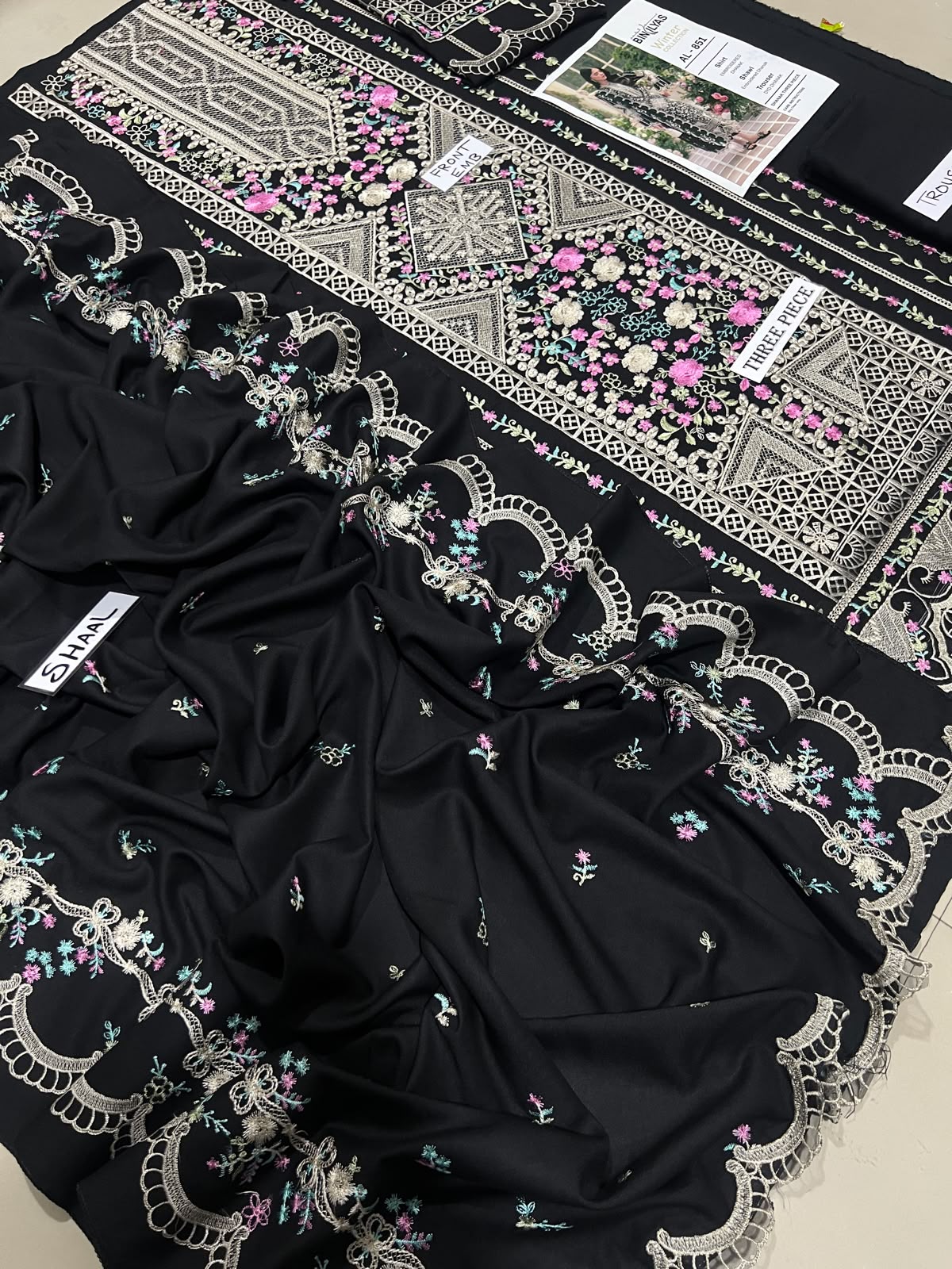 3-Piece Binilyas Premium Embroidered Dhanak Suit AL-851BK