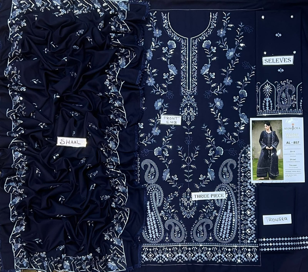 3-Piece Asim Jofa Inspired Premium Embroidered Dhanak Suit AL-857