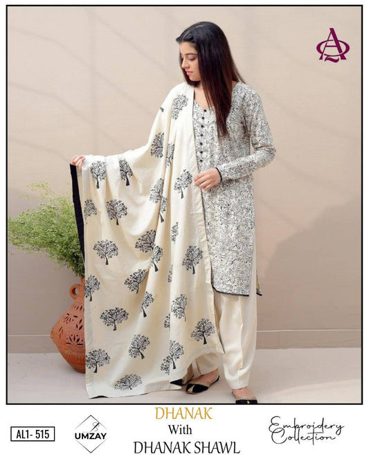 3-Piece Umzay Inspired Premium Embroidered Dhanak Suit AL1-515