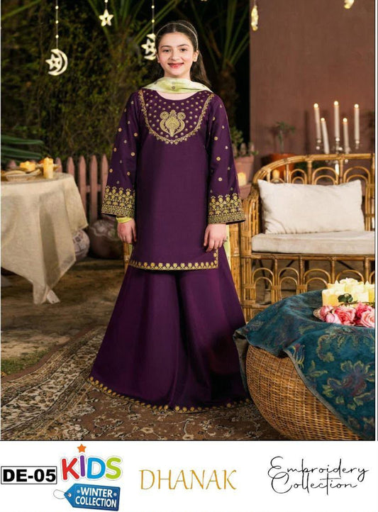 Kids 3PC Embroidered Winter Dress With Net Dupatta - Unstitched - DE-05