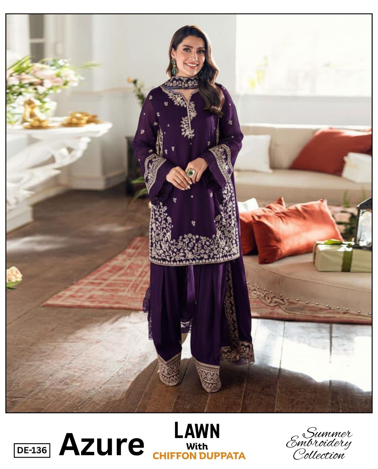 3 Piece - Embroidered Lawn Suit With Emb Chiffon Dupatta DE-136