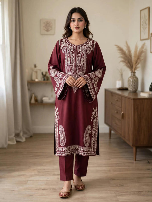 2-Piece | Premium Embroidered Winter Dhanak Suit – DE-3000MR