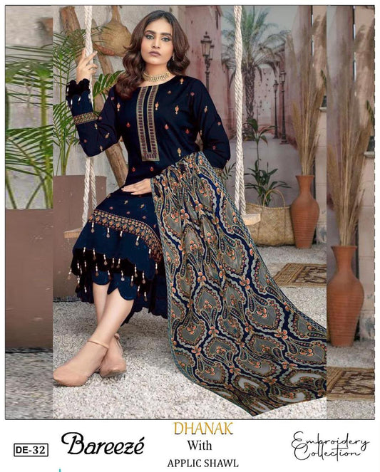 3-Piece Bareeza Premium Embroidered Dhanak Suit DE-32BL
