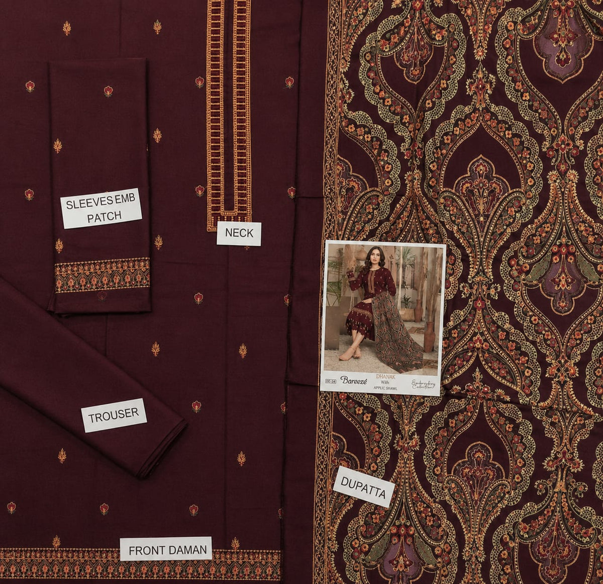 3-Piece Bareeza Premium Embroidered Dhanak Suit DE-34HM
