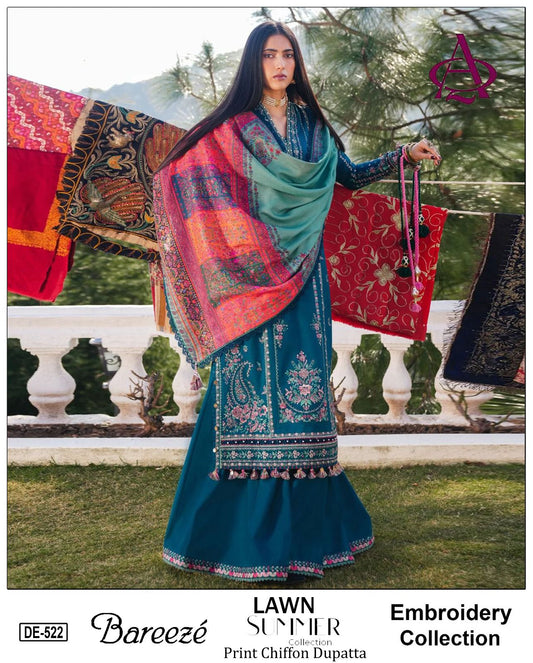 3 Piece - Embroidered Lawn Suit With Printed Chiffon Dupatta DE-522z