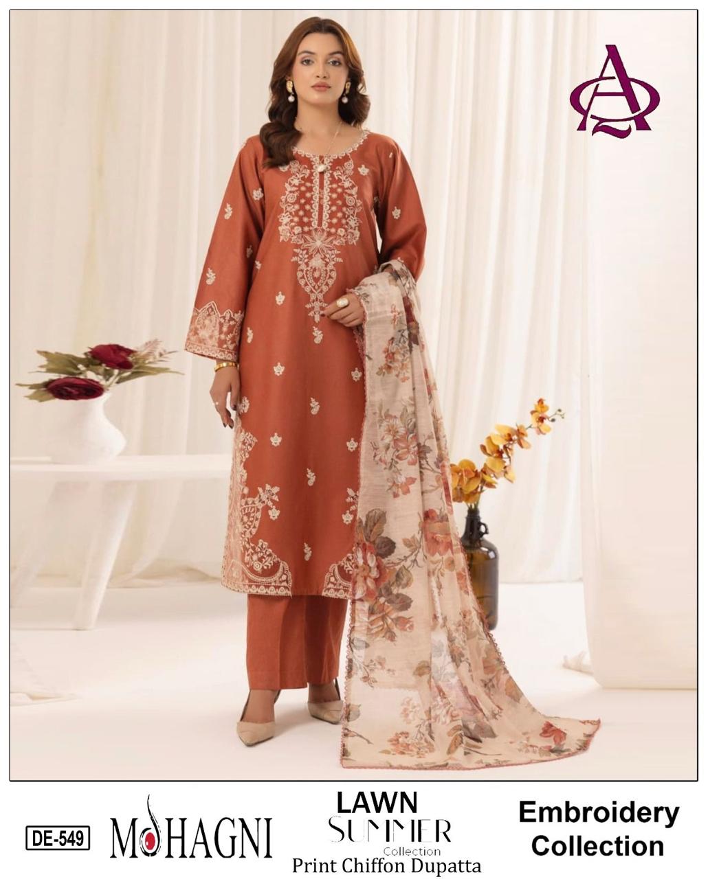 3 Piece - Embroidered Lawn Suit With Printed Silk Dupatta DE-549