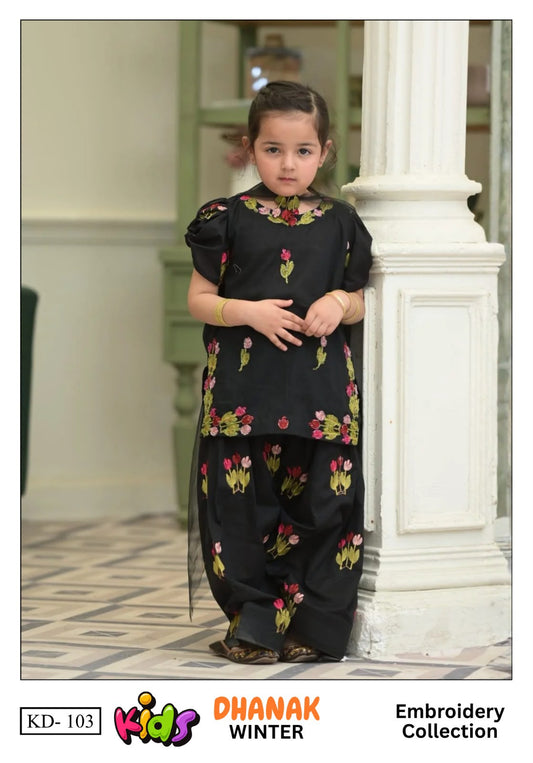 Kids 3PC Embroidered Winter Dress With Net Dupatta - Unstitched - KD-103
