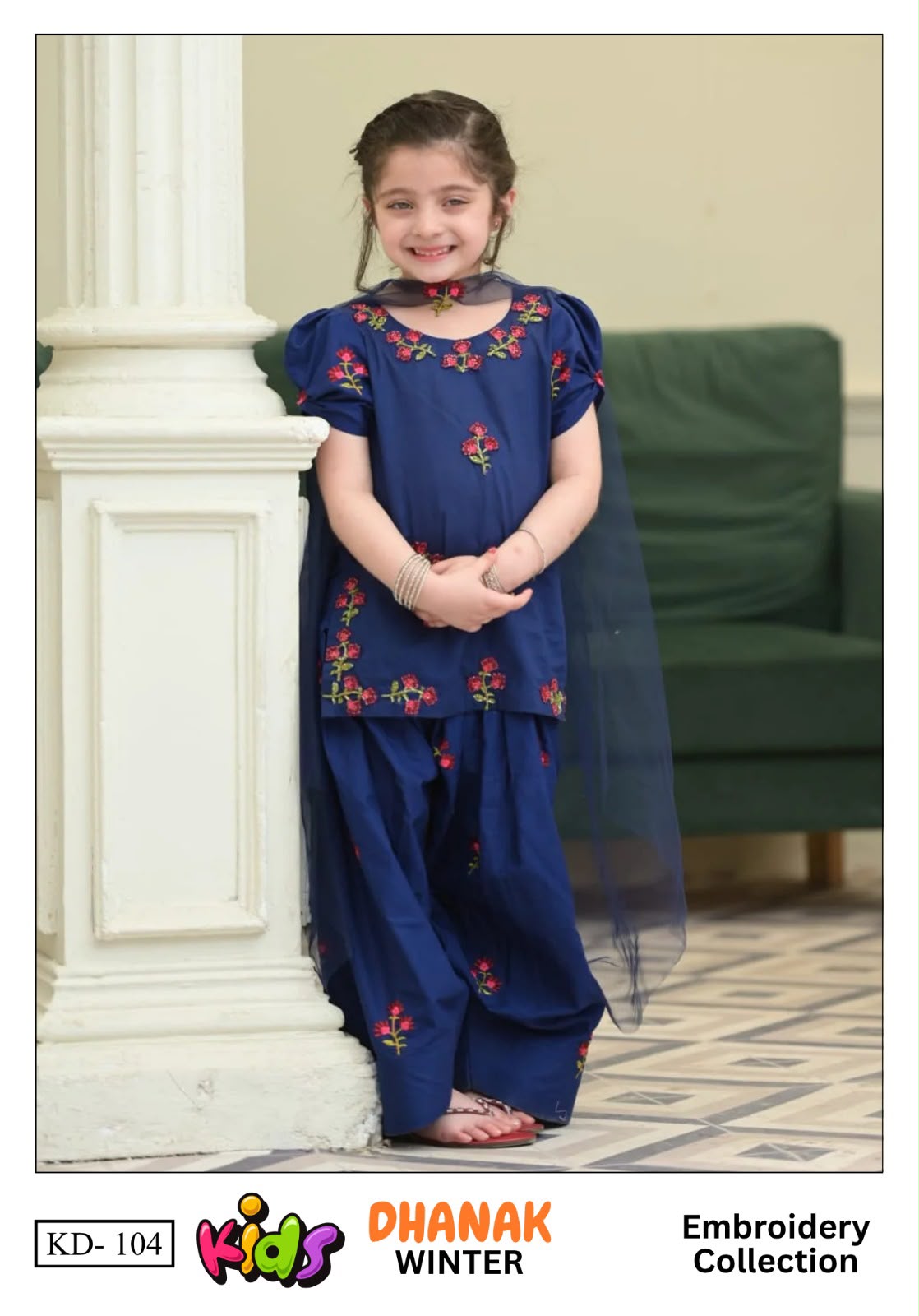 Kids 3PC Embroidered Winter Dress With Net Dupatta - Unstitched - KD-104