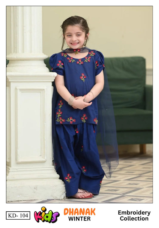 Kids 3PC Embroidered Winter Dress With Net Dupatta - Unstitched - KD-104