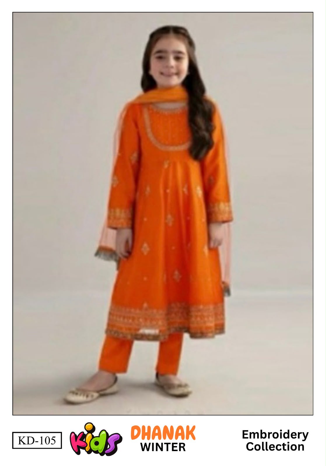 Kids 3PC Embroidered Winter Dress With Net Dupatta - Unstitched - KD-105
