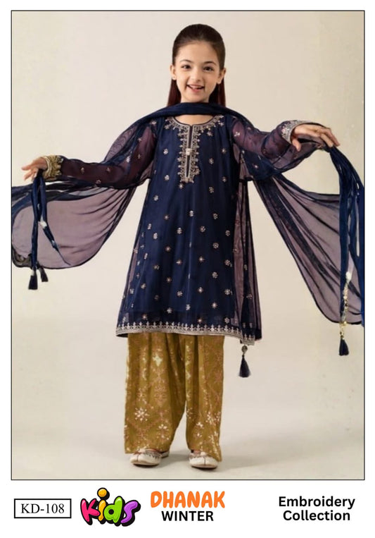 Kids 3PC Embroidered Winter Dress With Net Dupatta - Unstitched - KD-108