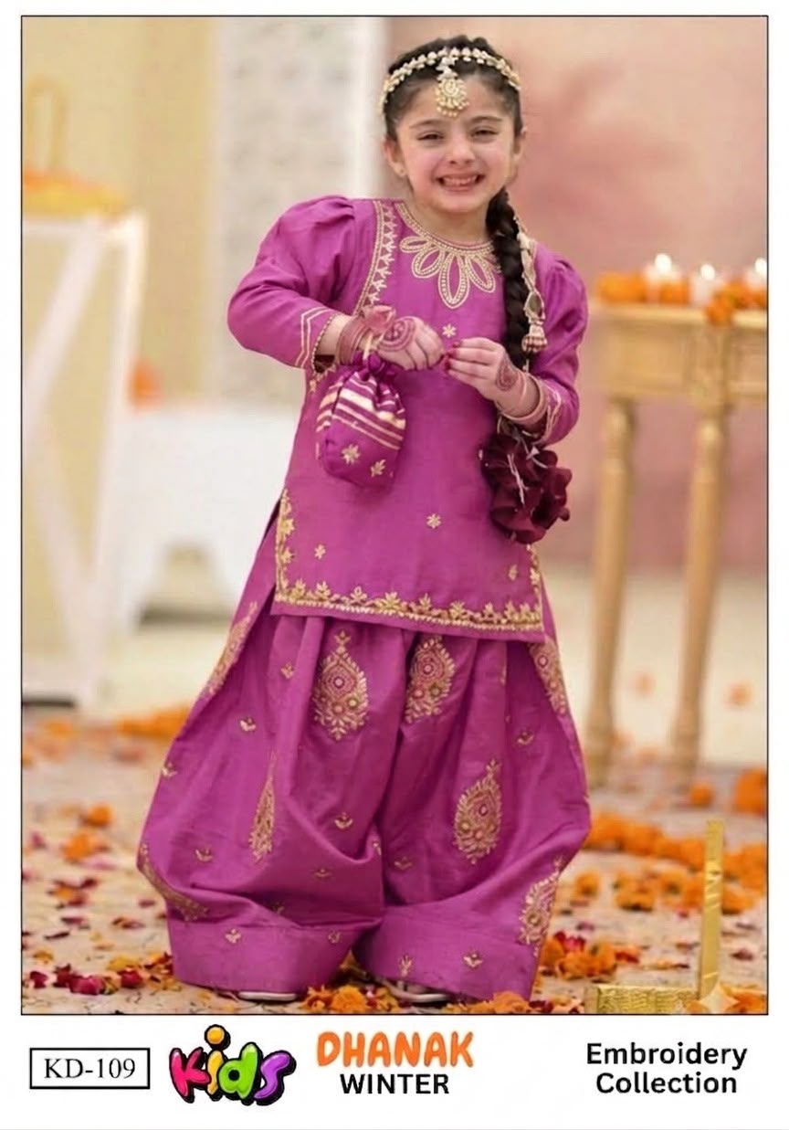 Kids 3PC Embroidered Winter Dress With Net Dupatta - Unstitched - KD-109