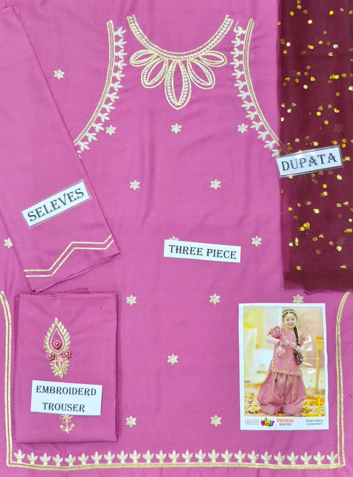 Kids 3PC Embroidered Winter Dress With Net Dupatta - Unstitched - KD-109