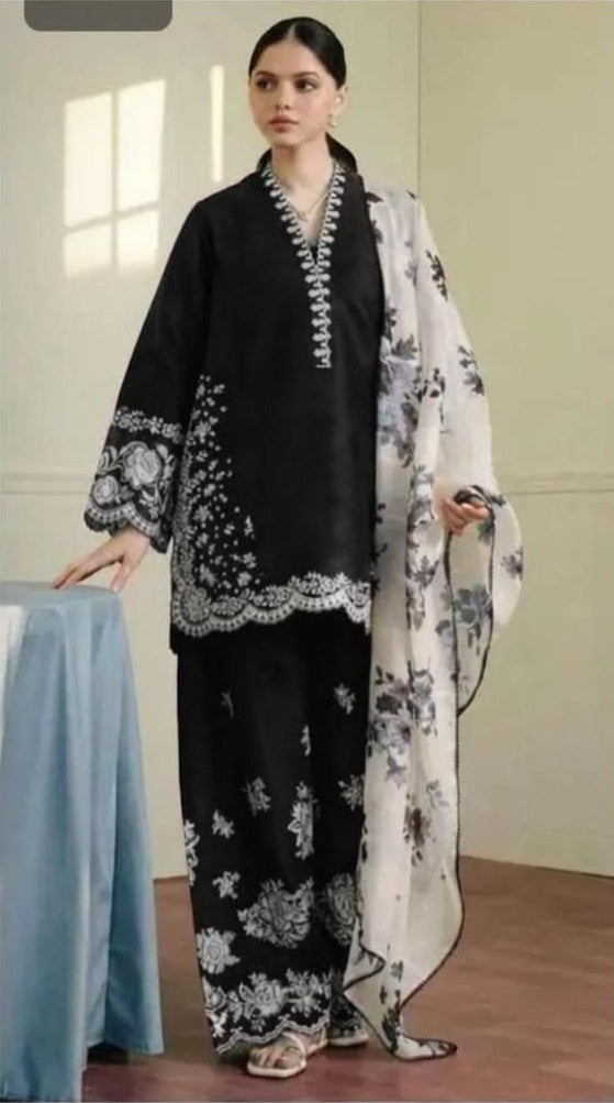 Emb 3PC Lawn Summer Dress With Printed Silk Dupatta - WA-118