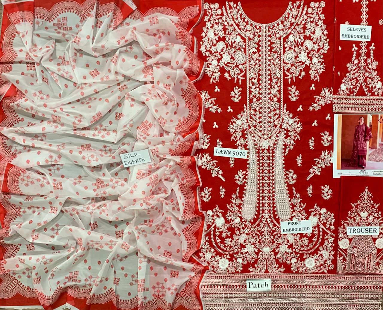 Emb 3PC Lawn Unstitched Summer Dress With Printed Silk Dupatta - DE-526R
