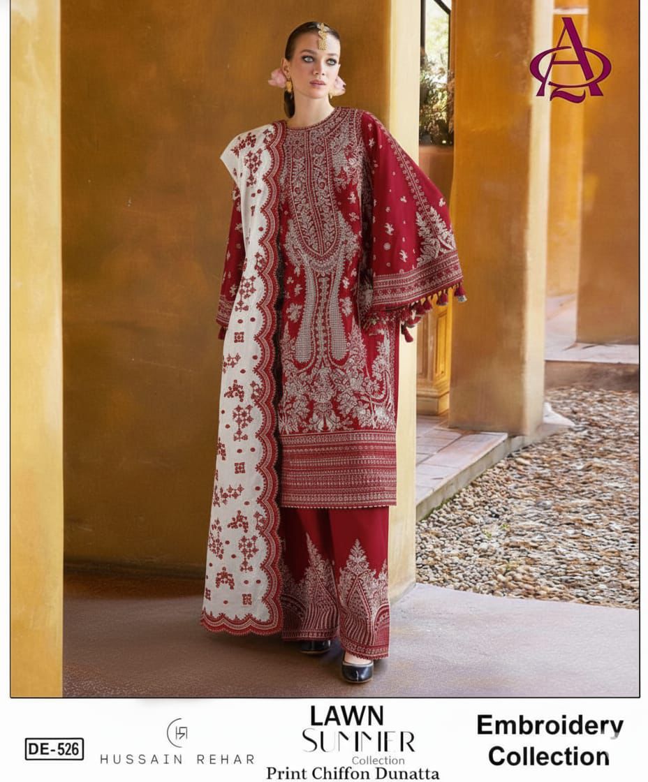 Emb 3PC Lawn Unstitched Summer Dress With Printed Silk Dupatta - DE-526R