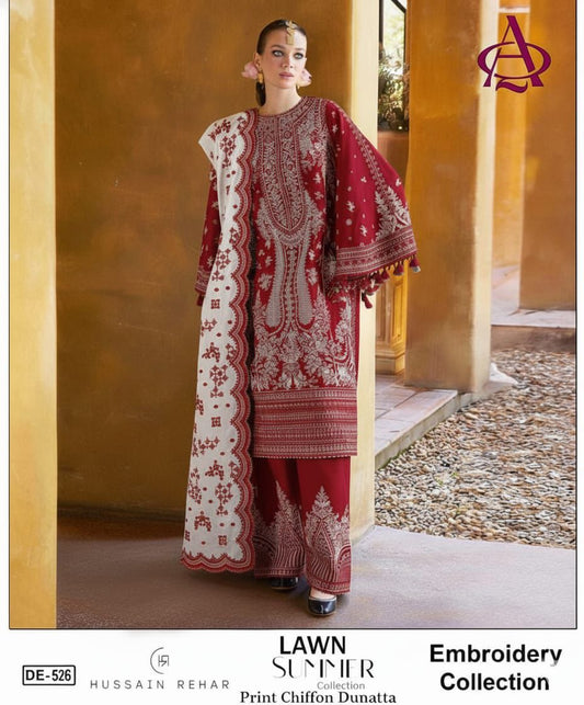 Emb 3PC Lawn Unstitched Summer Dress With Printed Silk Dupatta - DE-526R