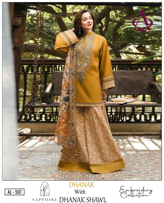 3-Piece Sapphire Premium Embroidered Dhanak Suit AL-507