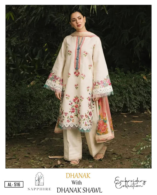 3-Piece Sapphire Inspired Premium Embroidered Dhanak Suit AL-516