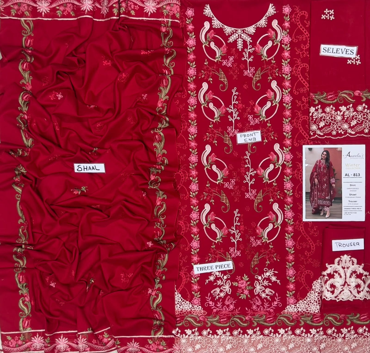 3-Piece Aneela's Premium Embroidered Dhanak Suit AL-813
