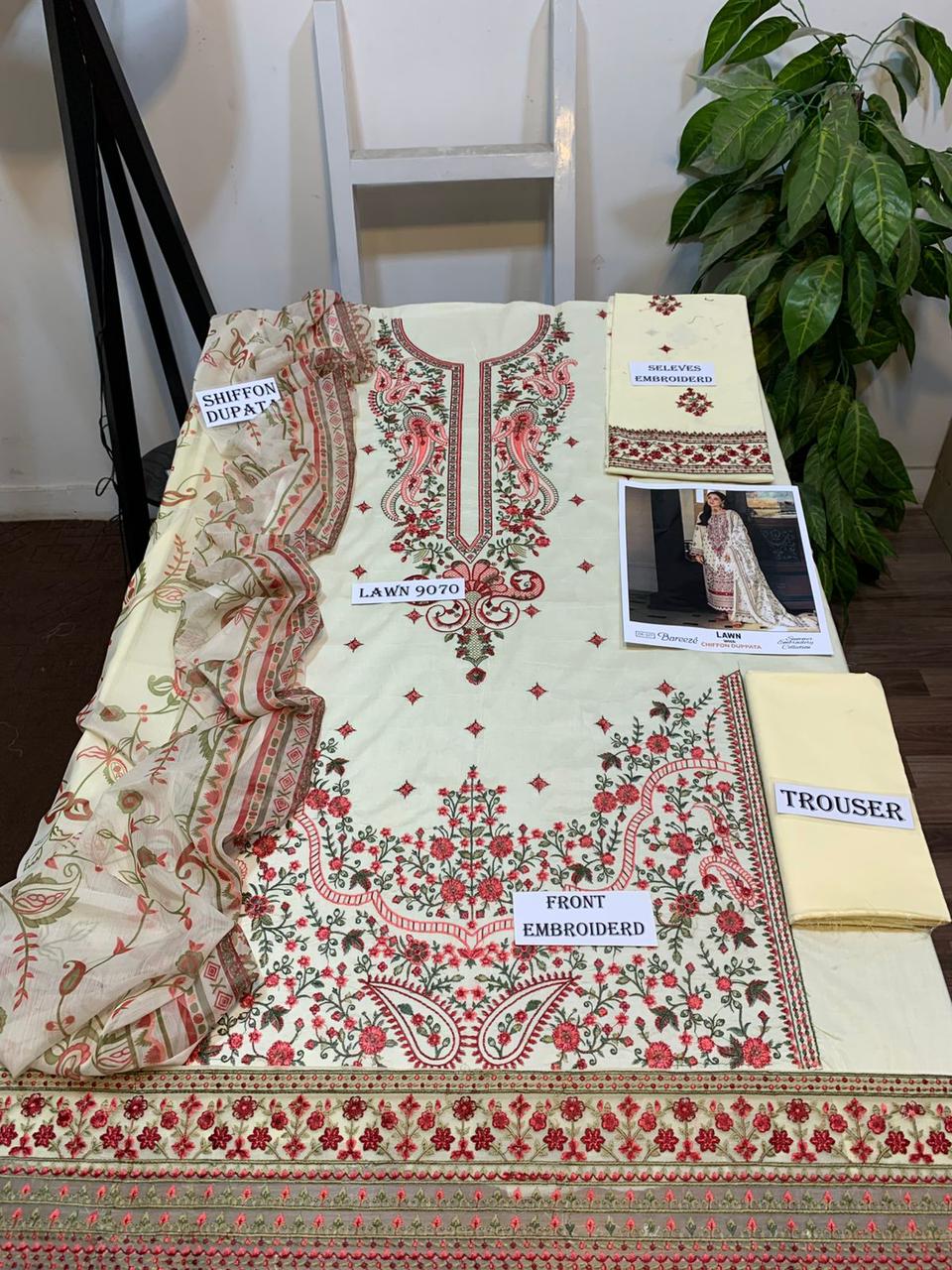 3 Piece - Embroidered Lawn Suit With Chiffon Dupatta