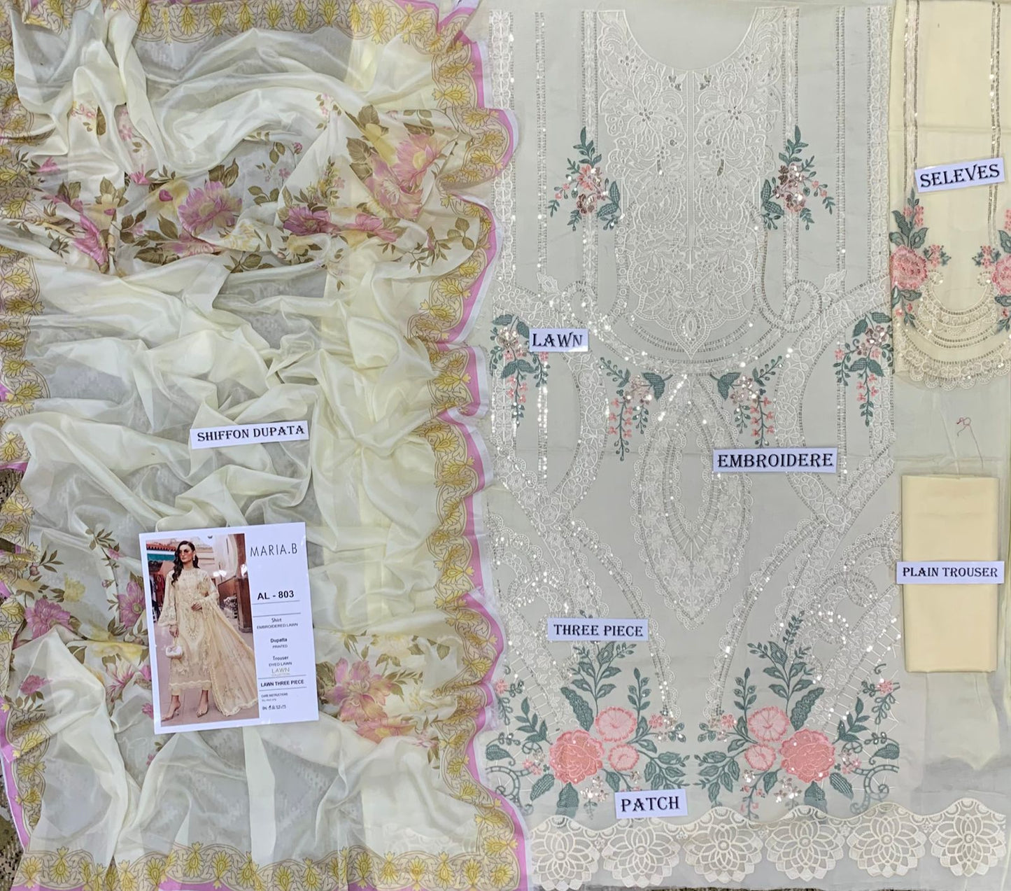 3 Piece - Embroidered Lawn Suit With Printed Chiffon Dupatta AL-803